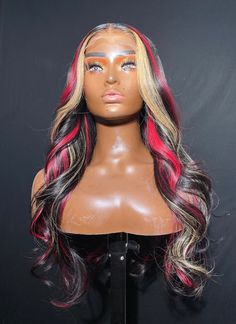 Color: red, black, and blonde Cap Size: Head Circumference about 22.5" - 23" Length: 18 (4 bundles) Wig Tpe: 5x5 closure Lace Type: High Quality hd Coloured Wigs Black Women, Red To Blonde, 13x4 Lace Front Wig, Celebrity Hair Stylist, Human Virgin Hair, Hair For Women, Black And Blonde, Lace Closure Wig, Salon Style