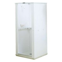 a tall white cabinet with an open door on the front and bottom sides, is shown against a white background