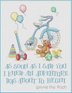 a cross stitch pattern with an image of a teddy bear next to a bicycle and balloons