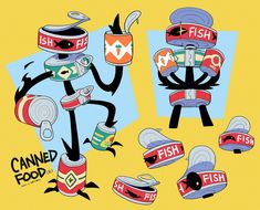 an image of cartoon fish with canned food on it's heads and feet in different positions