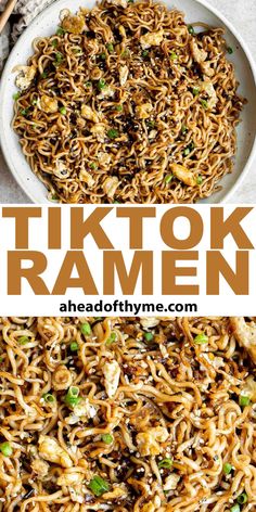 two plates filled with noodles and vegetables on top of each other, next to the words tiktok ramen