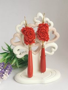 Pendant earrings with coral imitation drops and cameo red coral paste compound handmade in Torre del Greco depicting flowers, 2.5 cm size, monachelle closure in 925 silver. total length 9 cm. Coral Drop Earrings, Coral Rose, Cameo Earrings, Italian Jewelry, 925 Silver Earrings, Silver Drop Earrings, Rose Earrings, Red Coral, Pendant Earrings