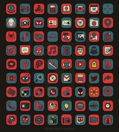 an image of a large set of icons on a black background with red and blue colors