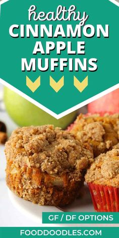 healthy cinnamon apple muffins on a plate with apples in the background and text overlay