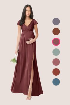 a pregnant woman in a long dress with her legs slited up and the color swatches