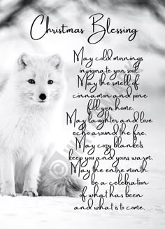 a white fox sitting in the snow with christmas blessing written on it's side