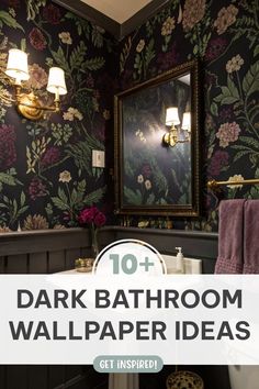 a bathroom with dark wallpaper and flowers on the walls is featured in this article