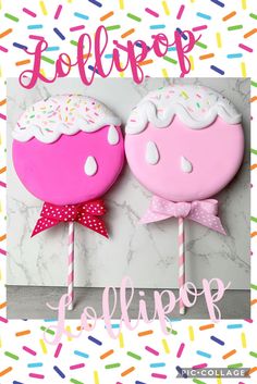 two pink cake pops with sprinkles on them and the words lollipop