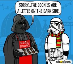 darth vader and stormtrooper are eating christmas cookies with the caption sorry, the cookies are a little on the dark side