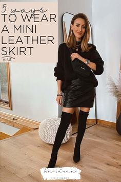 Leather Skirt And Coat Outfit, Leather Skirt Outfit Office, Outfits Black Leather Skirt, Leather Skirt Date Night Outfit, Styling A Black Leather Skirt, How To Style Short Leather Skirt, Classy Leather Skirt Outfit, Leather Skirt Outfit 2023, Leather Skirt Boots Outfit