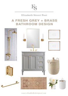 a bathroom design board with gold accents and white fixtures, including a gray vanity sink