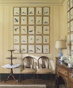 two chairs sitting in front of a wall with framed pictures on it and a lamp next to them