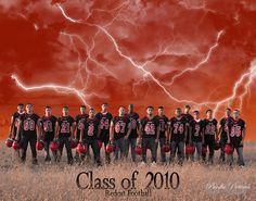 the football team is posing for a photo in front of a red sky with lightning