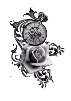 a black and white drawing of a rose with a clock on it's side