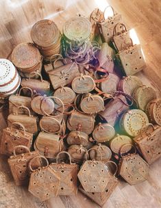 many baskets are stacked on top of each other