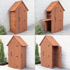 four different views of a small wooden storage shed with doors open and shelves on each side