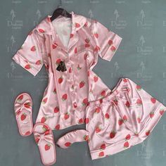 Berry Bliss Slumber: Juicy Strawberry Print Pajama For Women And Girls - Celebrate Birthdays, Sleepovers, And Serene Nights In Style! Complete With Blouse, Shorts, And Cozy Slippers Cheap Purple Sleepwear With Short Sleeves, Sleepover Outfit, Yummy Donuts, Sleepover Essentials, Pajama Outfit, Cozy Sleep, Womens Pajama, Comfy Pjs, Cozy Slippers