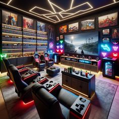 Cozy video game man cave features wall-mounted TV, multiple game consoles, gamer's PC setup, game-themed neon lights, reclining speakers chairs, and snack-packed fridge. Décor includes game posters & black-red scheme. #GameRoom #ManCave #GamingSetup #GamingPC #VideoGames #GameDecor Man Cave Designs, Celestial Ceiling, Modern Man Cave, Man Cave Design, Man Cave Furniture, Game Posters, Vintage Arcade, Ultimate Man Cave