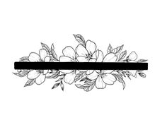 a black and white drawing of flowers with leaves on the bottom half of each flower