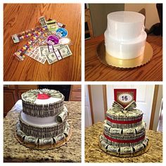 four different pictures with money stacked on top of each other and the same cake as well