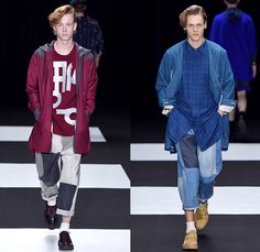 KIDILL by Hiroaki Sueyasu 2015-2016 Fall Autumn Winter Mens Runway Catwalk Looks - Mercedes-Benz Fashion Week Tokyo Japan - Patchwork Denim Jeans Mickey Mouse Ears Outerwear Oversized Coat Parka Cherries Stars Stripes Frayed Embroidery 3D Embellishments Adornments Plaid Shirt Slouchy Baggy Loose Shawl Blazer Scribbles Shorts Culottes Quilted Puffer Vest Waistcoat Loungewear Quilted Puffer Vest