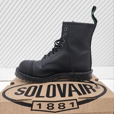 Solovair Sc8-1550-Bg-G-060 Black Greasy 8 Eye Steel Toe Derby Boot Solovair Steel Toe Collection Made In England Over 140 Years Of Traditional Shoemaking Craftsmanship Goodyear Welted Construction Steel Toe Cap Black Greasy Leather Upper Leather & Synthetic Lining Soft Suspension Commando Sole Us Size 10.5 Uk 9.5 Purchased Recently Through Solovair.Com For My Husband. They Were Too Small For Him, And We Missed The Return Window. Totally, Brand New! Never Worn! Solovair Boots, Us Size 10, Goodyear Welt, My Husband, Derby, Leather Upper, Men's Shoes, Shoe Boots, England