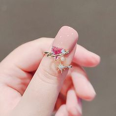 Pretty Rings Simple, Diamond Birthstone Ring, Pink Heart Rings, Aesthetic Ring, Pink Zircon, Ring Case, Ring Female, Female Jewelry, Gold Heart Ring