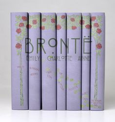 six purple books are lined up in front of each other on a white background with the title brontele family charlotte anne