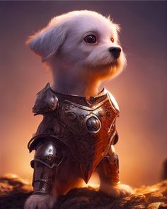 a dog dressed up as a knight with armor on it's chest and paws