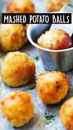 mashed potato balls in a metal bowl and on a baking sheet with the words mashed potato balls