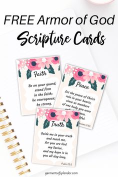 three cards with the words free armor of god on them and flowers in pinks