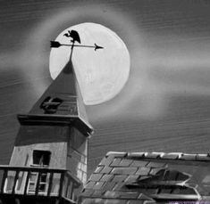 a painting of an old building with a bird on top and the moon in the background