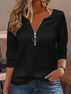 Casual Half Zipper Crew Neck Jersey Plain Loose H-Line Long Sleeve T-Shirt | zolucky Modern Mailbox, Mailbox Design, Chicken Crockpot, 60 Fashion, Loose Pullover, Stretch Top, Round Neck Tops, Romper With Skirt, Shopping Hacks