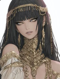 an anime character with long black hair wearing gold chains and headdress, looking at the camera