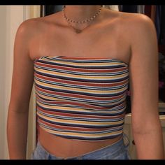 Cute Striped Crop Top, Only Worn Once. No Flaws And Is In Brand New Condition Casual Multicolor Strapless Crop Top, Multicolor Strapless Casual Crop Top, Casual Multicolor Strapless Top, Casual Fitted Multicolor Tube Top, Casual Multicolor Stretch Tube Top, Casual Multicolor Fitted Tube Top, Garage Tops, Striped Crop Top, Fancy Dresses