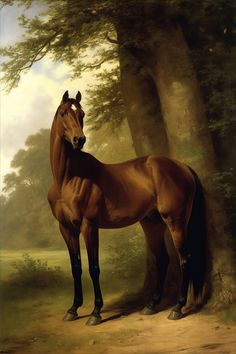 a painting of a brown horse standing in the middle of a wooded area with trees