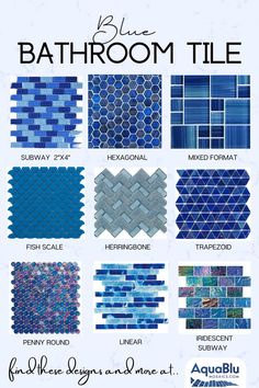 blue bathroom tile with different colors and patterns on the bottom, below it is an image of