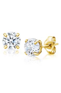 Round-cut CZ adds a brilliant sparkle to these solitaire stud earrings set in fine 14K yellow gold. 0.24" L x 0.24" W Post back closure 14K yellow gold, cubic zirconia Imported Classic Gold Diamond Earrings With Accents, Classic Gold Diamond Accent Earrings, Classic Yellow Gold Earrings With Prong Setting, Gold Diamond Earrings With Vvs Clarity For Formal Events, Classic Yellow Gold Diamond Earrings With Prong Setting, Classic 14k Gold Diamond Earrings With Prong Setting, Classic Gold Diamond Earrings For Gift, Classic Gold Diamond Earrings As Gift, Gold Solitaire Diamond Earrings