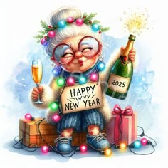 an old woman holding a bottle and a glass with a happy new year message on it