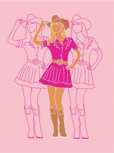 a drawing of three women in dresses and cowboy hats, one wearing a pink dress