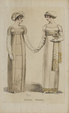 Regency Fashion Plate. I love the scarf used as a sash on the model on the right. 1813 Dress, 1820 Fashion, Pretty Designs