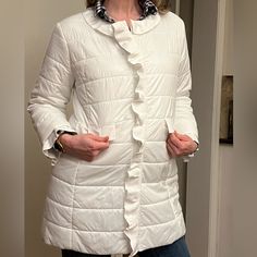 -Nwot -Patty Kim Brand -White Color -Adorable Ruffle Details And Buttons On The Front -Tag Says Size Large, But It Fits Like A Medium. It Fits Me Perfectly (5’8 140 Lbs) -Falls A Little Below The Waist White Long Sleeve Outerwear With Ruffles, White Ruffled Long Sleeve Outerwear, Casual White Outerwear With Ruffles, Fitted Cream Outerwear With Ruffles, Winter Cream Outerwear With Ruffles, Cream Ruffled Outerwear For Winter, Cream Ruffled Winter Outerwear, Cream Long Sleeve Outerwear With Ruffles, 140 Lbs