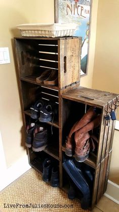 a shoe rack with shoes inside of it