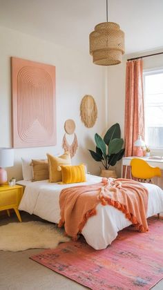 a bedroom with pink, yellow and white decor