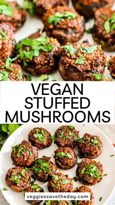 vegan stuffed mushrooms on a white plate with the title in the middle and an image of