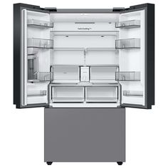 an open refrigerator with its doors wide open and no ice maker on the bottom shelf