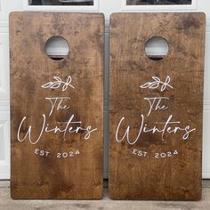 two wooden door hangers with the words, the winter's and est 2013 written on them