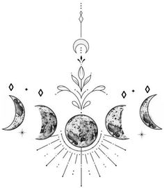 three phases of the moon in black and white