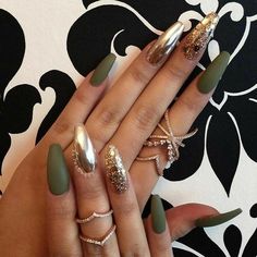 Olive Green Nails. Chrome Nails. Gold Nails. Acrylic Nails. Matte Nails. #beautifulacrylicnails Gold Nail, Purple Nail, Round Nails, Colorful Nail Designs, Coffin Nails Designs, Nail Polishes, Chrome Nails, Matte Nails