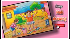 an image of children playing in the street with words easy holi drawing on it